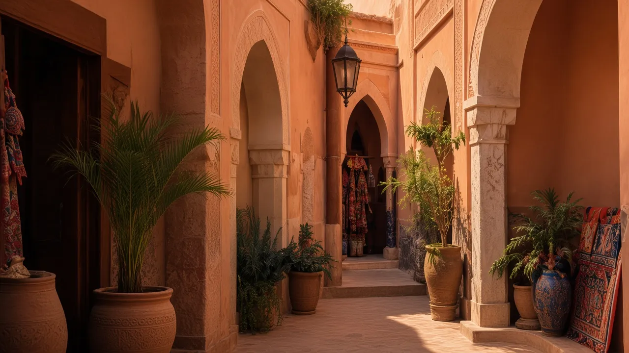 Warm sunlit passage with arches, plants, and textiles in Marrakech